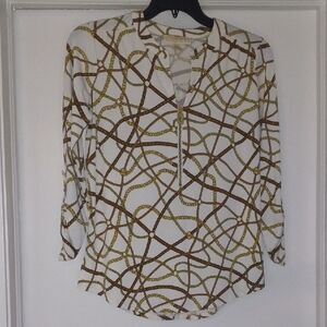 Michael Kors Brown and Tan Graphic Blouse with Mandarin Collar